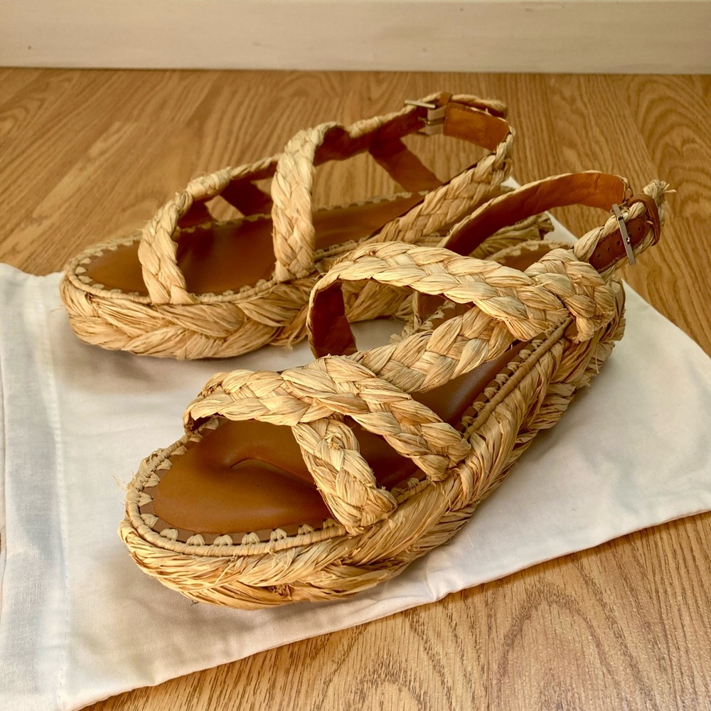 Robert Clergerie straw flatform espadrille sandals, 39/8.5